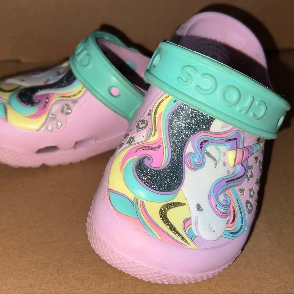 Crocs Girls Fun Lab Pink Glitter Unicorn Clog Sandals Slip-On Size C 8 kid child